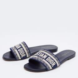 مملوكة مسبقًا Dior Navy Blue/White Embroidered Canvas Dway Flat Slides Size 38.5