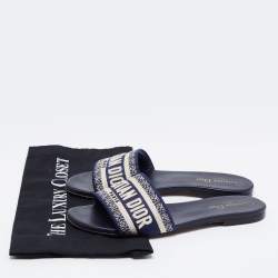 مملوكة مسبقًا Dior Navy Blue/White Embroidered Canvas Dway Flat Slides Size 38.5