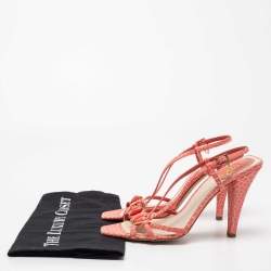 Pre Owned Dior Peach Pink Snake Print Leather Crystal Embellished Slingback Sandals Size 38