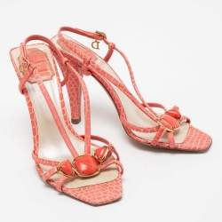 Pre Owned Dior Peach Pink Snake Print Leather Crystal Embellished Slingback Sandals Size 38