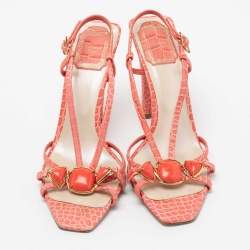 Pre Owned Dior Peach Pink Snake Print Leather Crystal Embellished Slingback Sandals Size 38