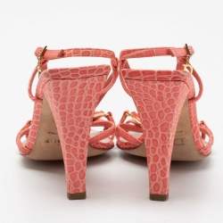 Pre Owned Dior Peach Pink Snake Print Leather Crystal Embellished Slingback Sandals Size 38