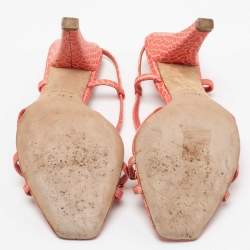 Pre Owned Dior Peach Pink Snake Print Leather Crystal Embellished Slingback Sandals Size 38