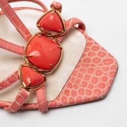 Pre Owned Dior Peach Pink Snake Print Leather Crystal Embellished Slingback Sandals Size 38