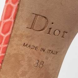 Pre Owned Dior Peach Pink Snake Print Leather Crystal Embellished Slingback Sandals Size 38