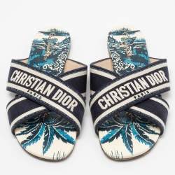 Pre Owned Dior  Navy Blue Canvas Dway Criss Cross Slide Sandals Size 39.5 