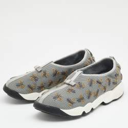 Pre Owned Dior Grey Fabric Fusion Embroidered Low Top Sneakers Size 38