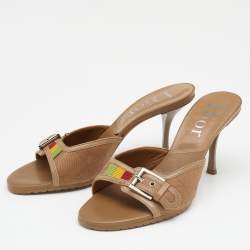 Pre Owned Dior Brown Canvas and Leather Buckle Slides Sandals Size 38.5
