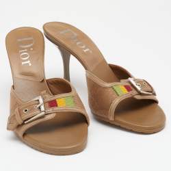 Pre Owned Dior Brown Canvas and Leather Buckle Slides Sandals Size 38.5