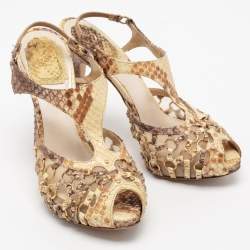 Dior Beige/Brown Python Leather T-strap Caged Sandals Size 37