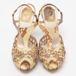 Dior Beige/Brown Python Leather T-strap Caged Sandals Size 37
