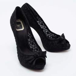 Pre Owned Dior Black Lace And Satin Peep Toe Pumps Size 38
