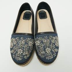 Pre Owned Dior Two-Tone Crystal Embellished Denim and Leather Flat Espadrilles Size 40