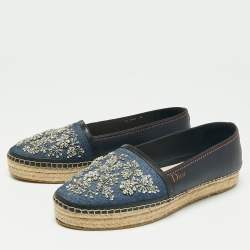 Pre Owned Dior Two-Tone Crystal Embellished Denim and Leather Flat Espadrilles Size 40