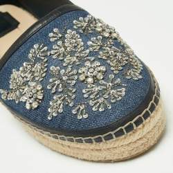 Pre Owned Dior Two-Tone Crystal Embellished Denim and Leather Flat Espadrilles Size 40