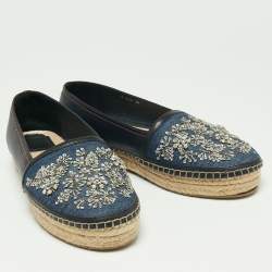 Pre Owned Dior Two-Tone Crystal Embellished Denim and Leather Flat Espadrilles Size 40