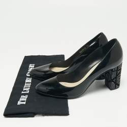 Dior Black Patent Leather Stud Embellished Block Heel Pumps Size 38