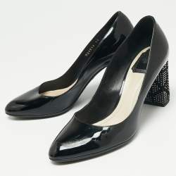 Dior Black Patent Leather Stud Embellished Block Heel Pumps Size 38
