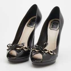 Pre Owned Dior Black Leather Bow Chain Detail Peep Toe Platform Pumps Size 41