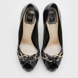 Pre Owned Dior Black Leather Bow Chain Detail Peep Toe Platform Pumps Size 41