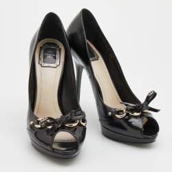 Pre Owned Dior Black Leather Bow Chain Detail Peep Toe Platform Pumps Size 41