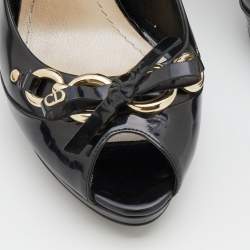 Pre Owned Dior Black Leather Bow Chain Detail Peep Toe Platform Pumps Size 41
