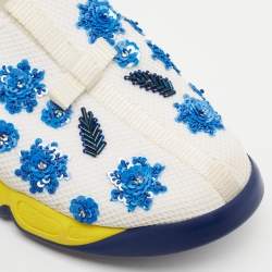 Pre Owned Dior White/Blue Mesh Fusion Floral Sequins Embellished Slip On Sneakers Size 37