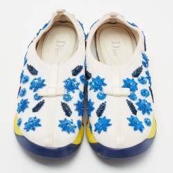 Pre Owned Dior White/Blue Mesh Fusion Floral Sequins Embellished Slip On Sneakers Size 37