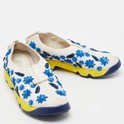 Pre Owned Dior White/Blue Mesh Fusion Floral Sequins Embellished Slip On Sneakers Size 37