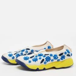 Pre Owned Dior White/Blue Mesh Fusion Floral Sequins Embellished Slip On Sneakers Size 37