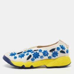 Pre Owned Dior White/Blue Mesh Fusion Floral Sequins Embellished Slip On Sneakers Size 37