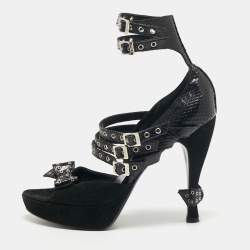 Dior Black Snakeskin And Suede Strappy Eyelet Bow Platform Sandals Size 38.5