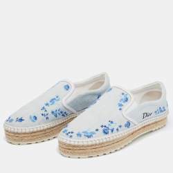 Dior Light Blue Denim Floral Embroidered Espadrille Slip On Sneakers Size 40