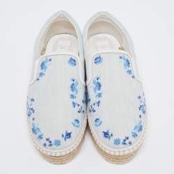 Dior Light Blue Denim Floral Embroidered Espadrille Slip On Sneakers Size 40