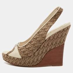 Dior Cream/Brown Monogram Canvas And Leather Wedge Sandals Size 37.5