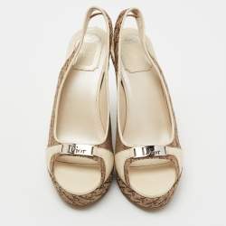 Dior Cream/Brown Monogram Canvas And Leather Wedge Sandals Size 37.5