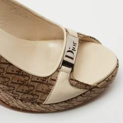 Dior Cream/Brown Monogram Canvas And Leather Wedge Sandals Size 37.5