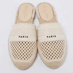Pre Owned Dior Cream Embroidered Canvas Granville Espadrille Mules Size 38.5