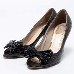 Dior Black Cannage Patent Leather Bow Peep-Toe Pumps Size 39.5