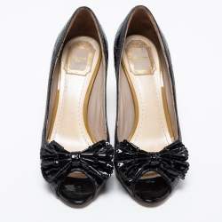 Dior Black Cannage Patent Leather Bow Peep-Toe Pumps Size 39.5