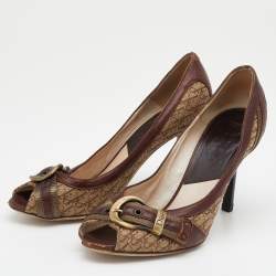 مملوكة مسبقًا Dior Beige/Brown Diorissimo Canvas And Leather Buckle Detail Peep Toe Pumps Size 37.5