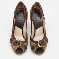 مملوكة مسبقًا Dior Beige/Brown Diorissimo Canvas And Leather Buckle Detail Peep Toe Pumps Size 37.5