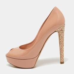 Dior Beige Patent Peep Toe Cannage Heel Pumps Size 37.5