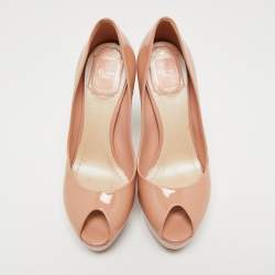 Dior Beige Patent Peep Toe Cannage Heel Pumps Size 37.5