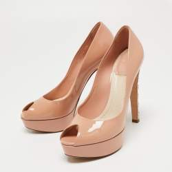 Dior Beige Patent Peep Toe Cannage Heel Pumps Size 37.5