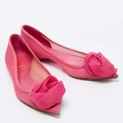 Pre Owned Dior Pink Mesh And Fabric Floral Applique Pointed Toe Ballet Flats Size 35