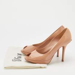 Pre Owned Dior Beige Patent Leather Miss Dior Peep Toe Platform Pumps Size 38