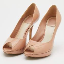 Pre Owned Dior Beige Patent Leather Miss Dior Peep Toe Platform Pumps Size 38