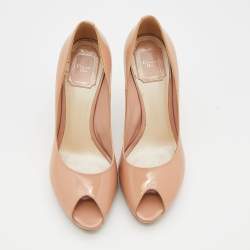 Pre Owned Dior Beige Patent Leather Miss Dior Peep Toe Platform Pumps Size 38