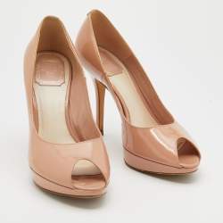 Pre Owned Dior Beige Patent Leather Miss Dior Peep Toe Platform Pumps Size 38